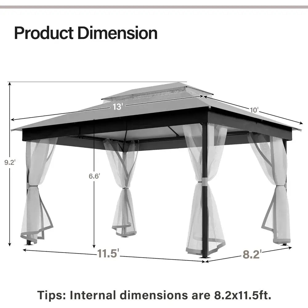 10x13ft Waterproof Patio Gazebo with Mosquito Netting, Double Roof Outdoor Pavilion for Backyard, Garden, Lawn, Wedding (Grey)
