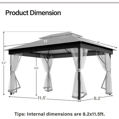 10x13ft Waterproof Patio Gazebo with Mosquito Netting, Double Roof Outdoor Pavilion for Backyard, Garden, Lawn, Wedding (Grey)