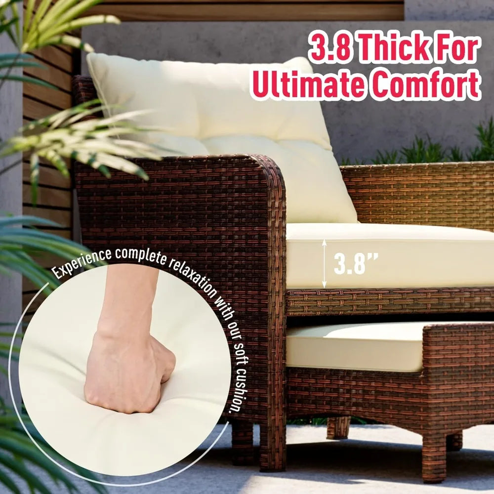 Outdoor Patio Wicker Chair Set for 5 with Ottoman, Cushions, and Coffee Table Conversation Area