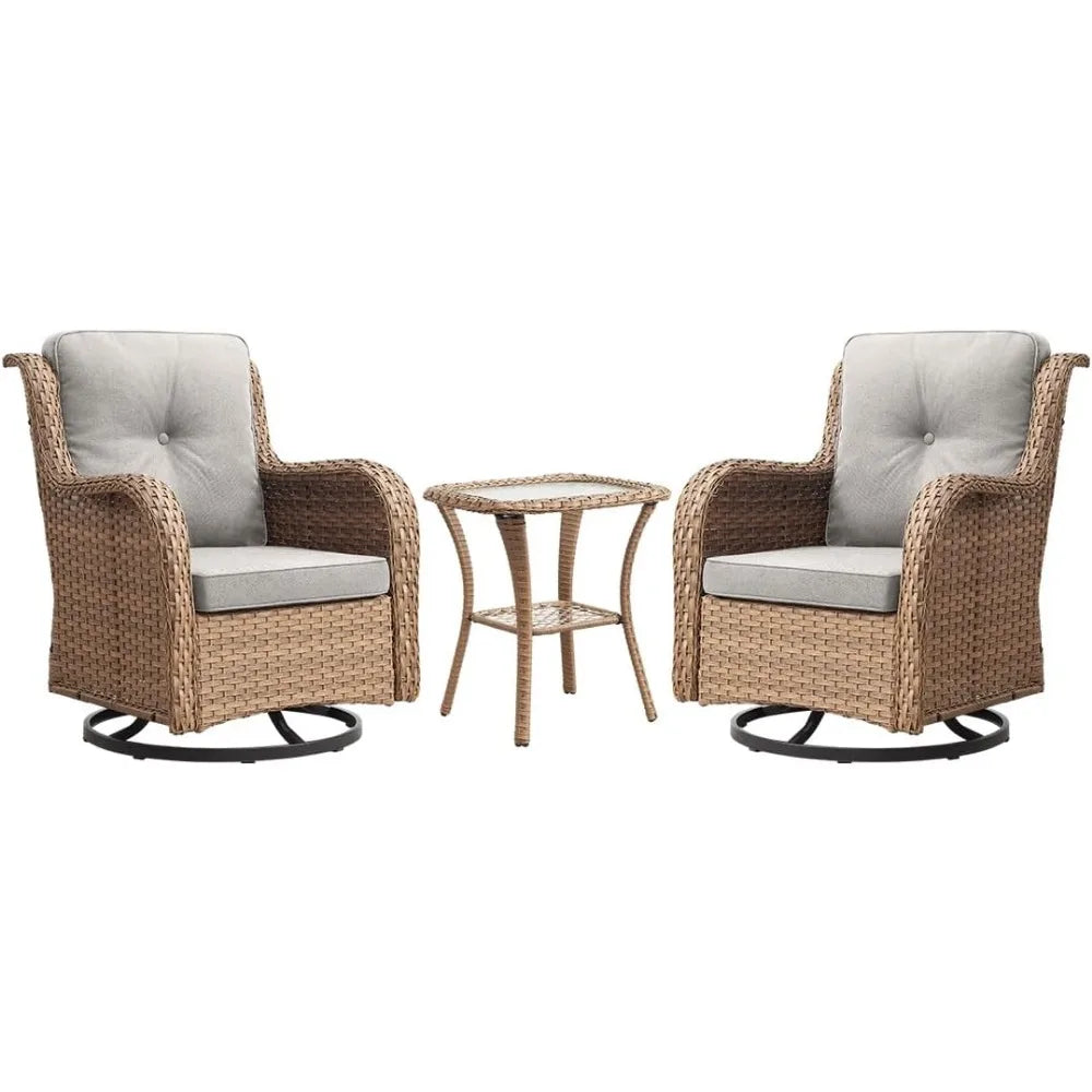 Chair Outdoor, Patio Bistro Furniture Conversation Set, Cushioned Wicker Chair with Glass Coffee