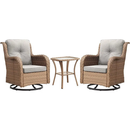 Chair Outdoor, Patio Bistro Furniture Conversation Set, Cushioned Wicker Chair with Glass Coffee