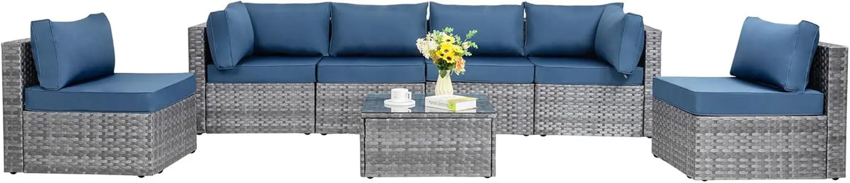 7 Pieces Outdoor Patio Sectional Sofa Couch, Silver Gray PE Wicker Furniture Conversation Sets with Washable Cushions & Glass C