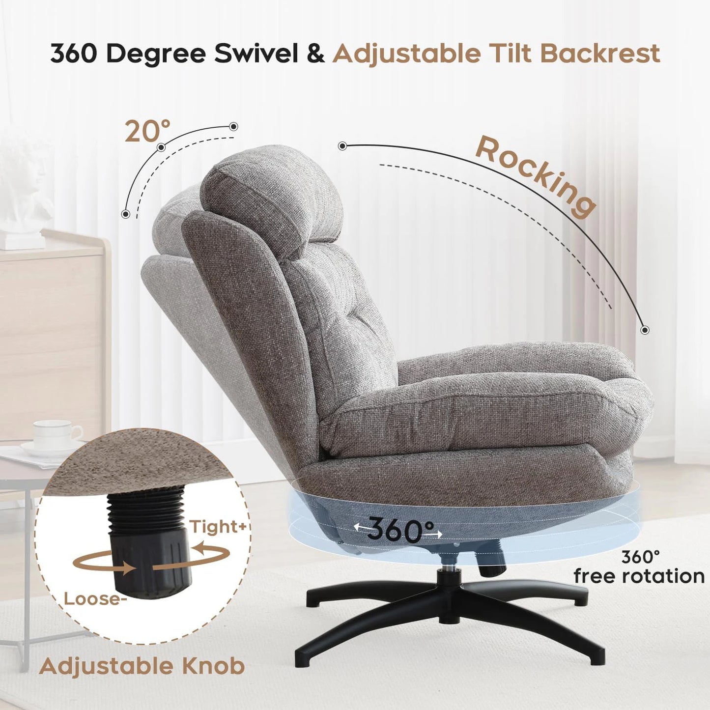 TODRANI 360° Swiveling Tilting Chenille Accent Chair with Ottoman Comfy Modern Armchair for Living Room Reading TV Lounge Chair