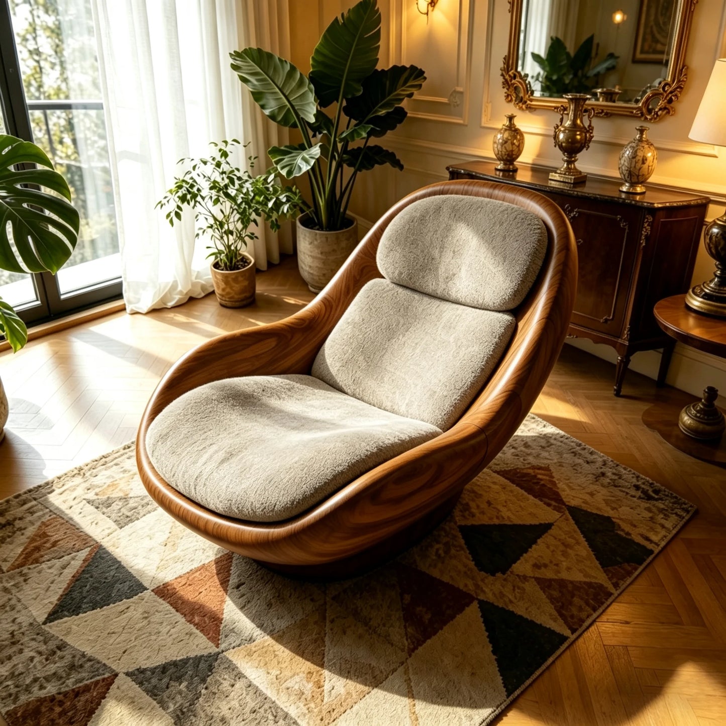 Modern Luxury Swivel Accent Chair with Sculptural Walnut Frame and Soft Boucle Upholstery