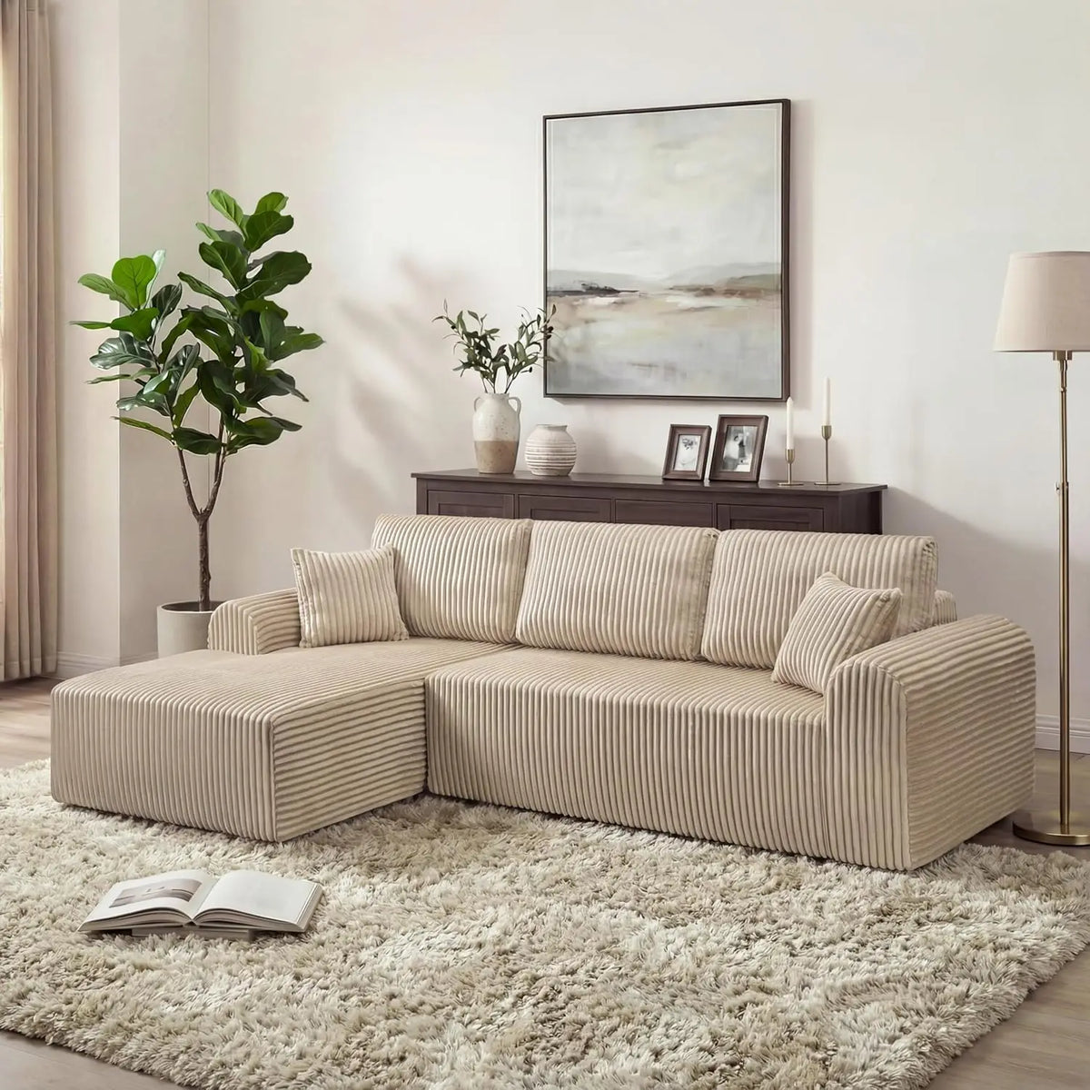 109“L-Shaped Sectional Sofa Boneless Couch Upholstery Cloud Modular Couch with Chaise No Assembly Required Corduroy Fabric Combi