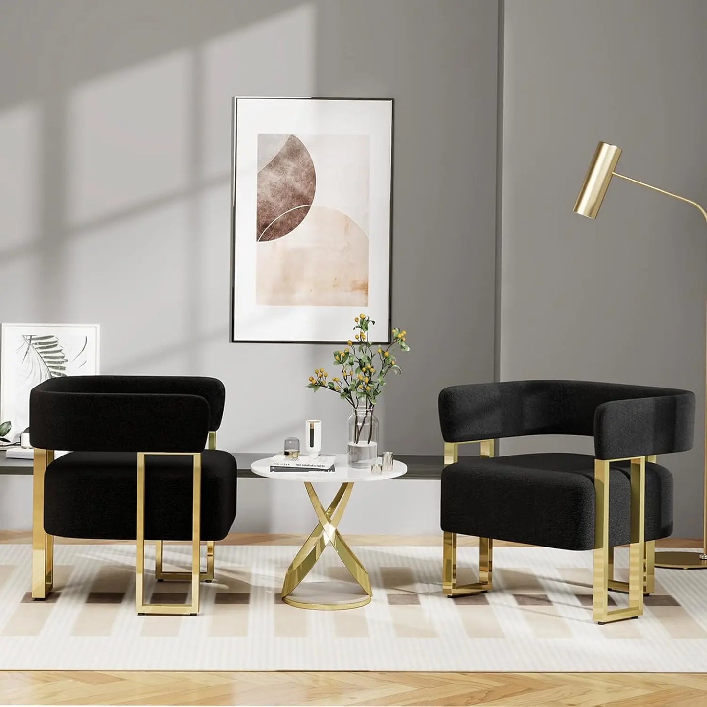 Modern Black and Gold Accent Chair Set of 2, Boucle Bucket Chairs Set of 2, Arm Chairs for Living Room Bedroom (2, Black)