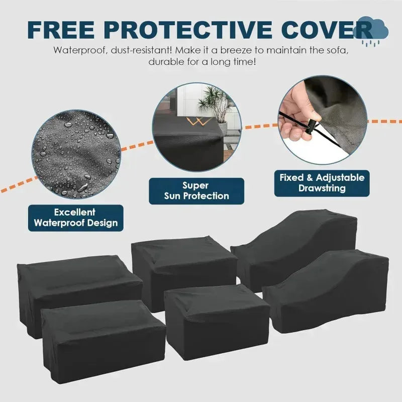 QAZ8-7 Piece Patio Furniture Set Fire Pit Table. Outdoor Conversation Sets Wicker Rattan Sectional Sofa with Coffee TSZ