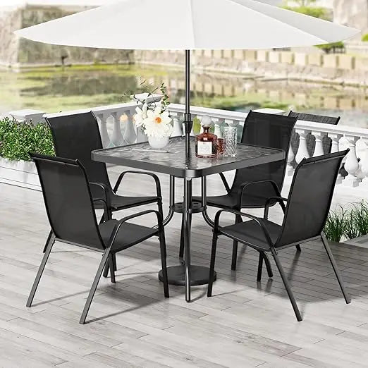 TLSUNNY Patio Dining Set 5 Pieces, All Weather Outdoor Furniture W/30X 30 Table and 4 Stackable Textilene Chairs, Metal Table an