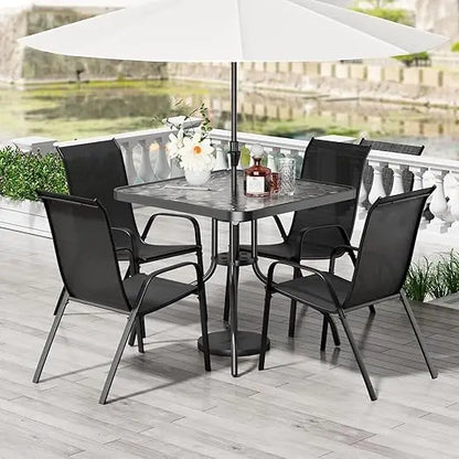 TLSUNNY Patio Dining Set 5 Pieces, All Weather Outdoor Furniture W/30X 30 Table and 4 Stackable Textilene Chairs, Metal Table an