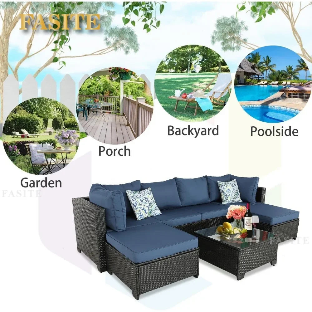 Garden Furniture 7 Pieces Set, Patio Furniture PE Wicker Sets with Washable Cushions Glas Coffee Table, Garden Furniture Set