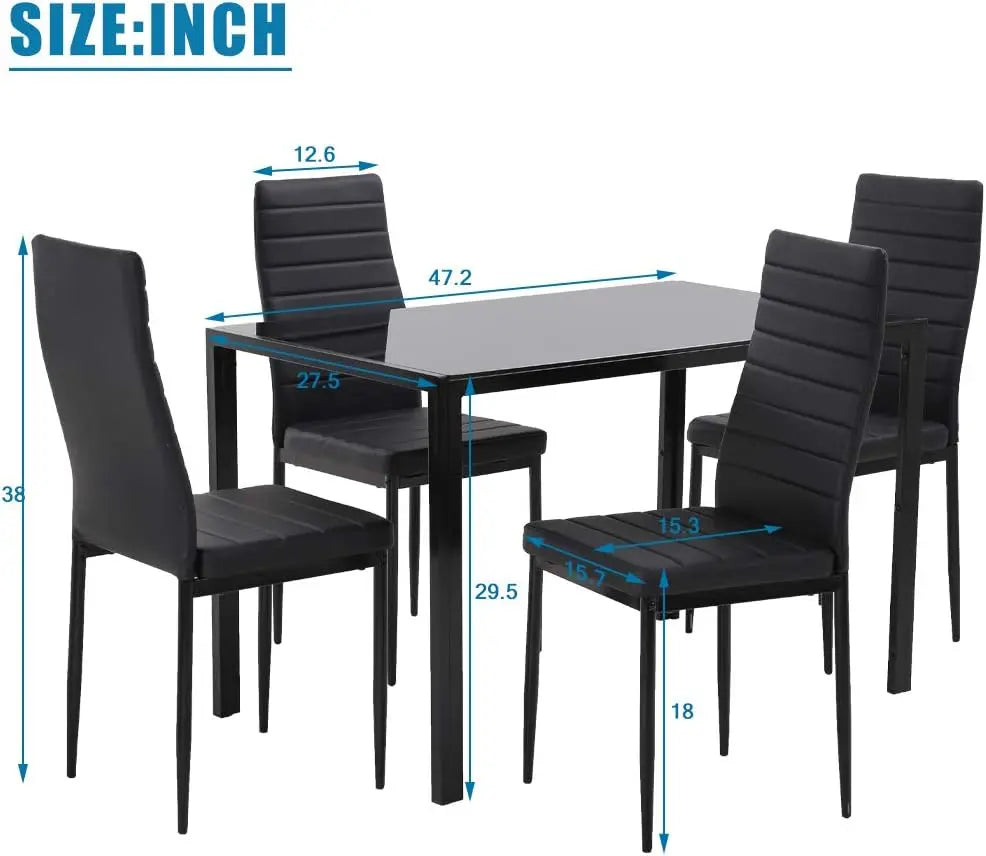 5-Piece Dining Table Set, Space-Saving Design , Faux Leather Cushions ,Modern Rectangular Table, Black, for Dining Room