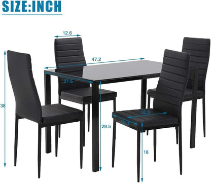 5-Piece Dining Table Set, Space-Saving Design , Faux Leather Cushions ,Modern Rectangular Table, Black, for Dining Room