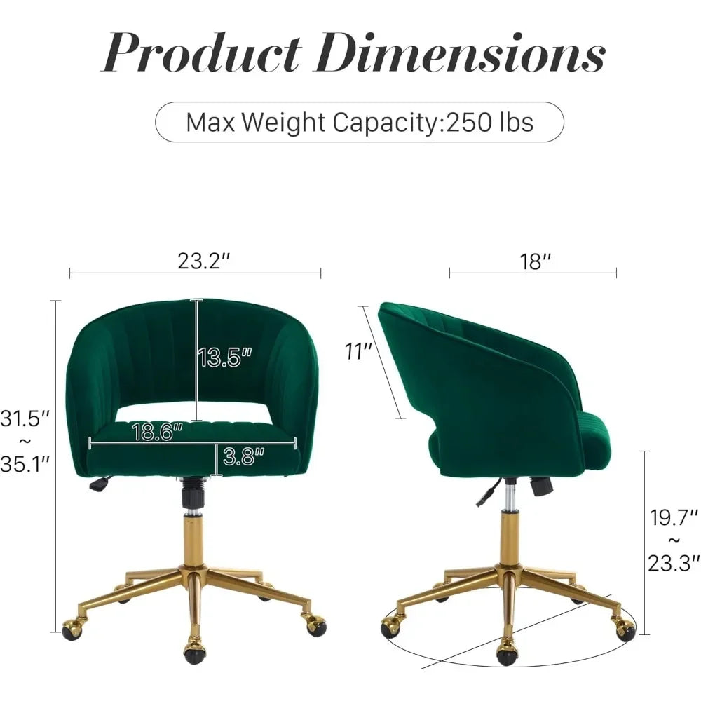 "contemporary swivel ergonomic chair with velvet upholstery and adjustable height on gold base"