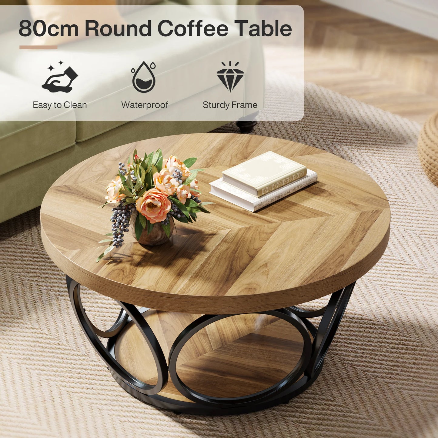 Tribesigns 31.7" Round Coffee Table, Industrial 2-Tier Circle Coffee Table with Storage Shelves, Modern Wooden Sofa Side Table