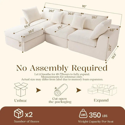110" Cloud Sectional Couches or Living Room, L-Shaped Convertible Soa, 3-Seat ular BonelCouch with Movable Ottoman, Beige