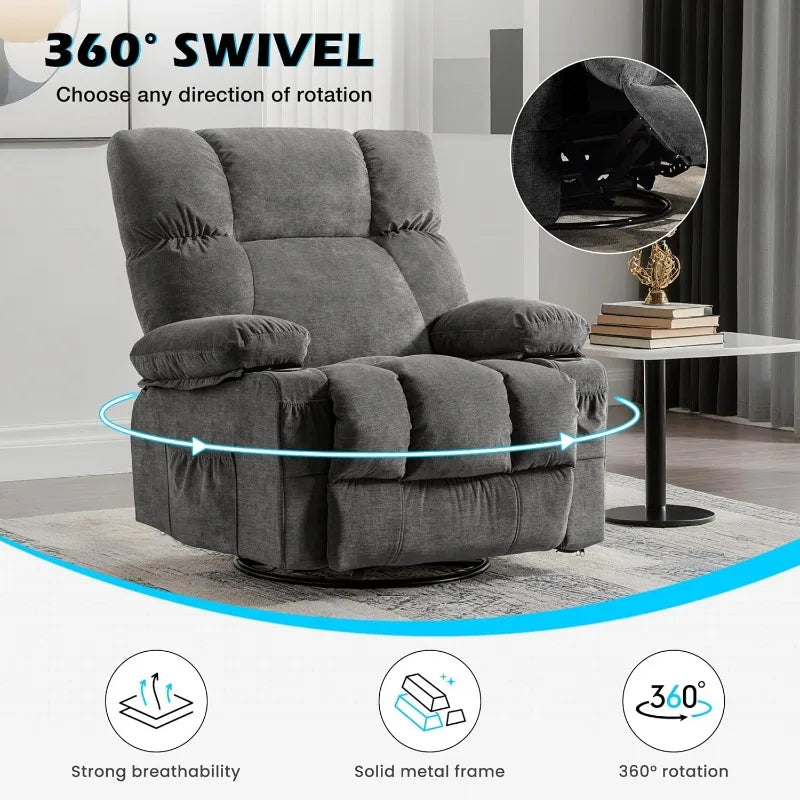 MAHOMICO Recliner Chair Oversized Swivel Rocker with Vibration Massage & Lumbar Heating, 360° Swivel, USB Charging Port
