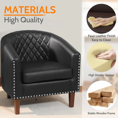 Barrel Chair Set Of 2, Comfy Accent Chair, Faux Leather Living Room Chairs Club Chair With Cushion, Nailhead Trim And Diamond