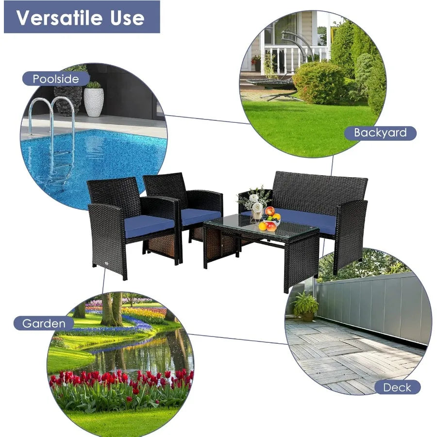 4 Piece Patio Furniture Set Outdoor PE Rattan Wicker Sectional Sofa with Cushion and Coffee Table Patio Conversation Se