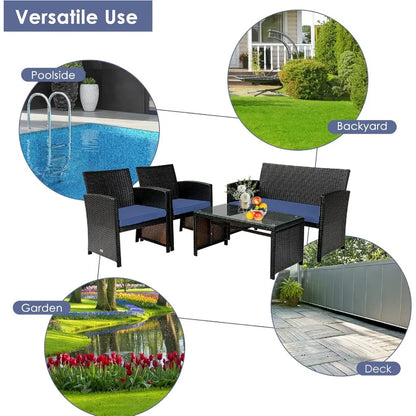 4 Piece Patio Furniture Set Outdoor PE Rattan Wicker Sectional Sofa with Cushion and Coffee Table Patio Conversation Se