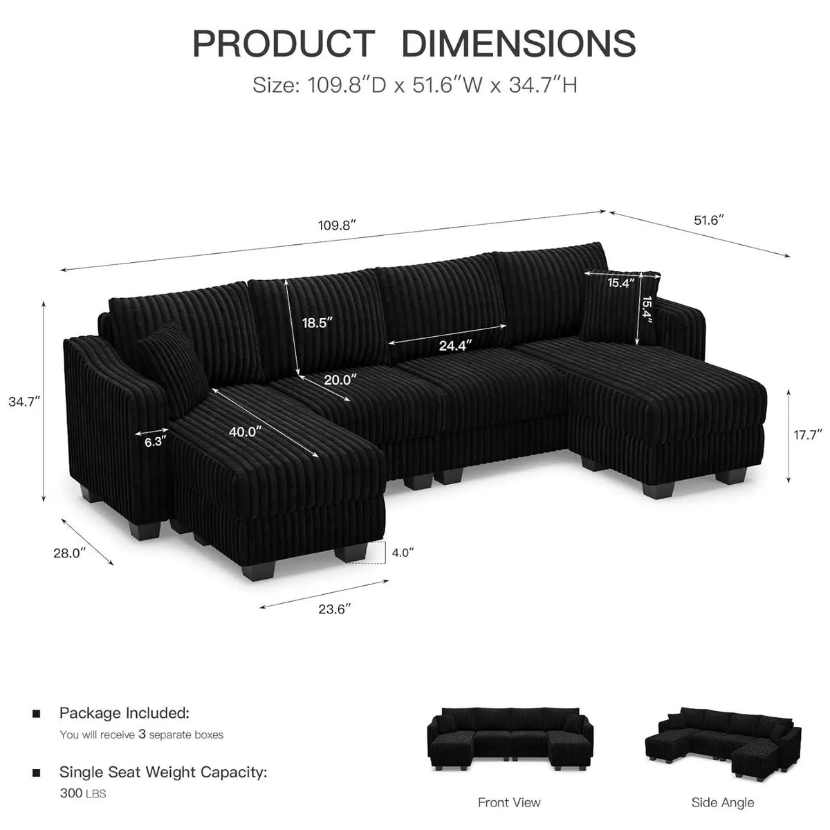 U Shaped Couch with Reversible Chaises Sectional Couches for Living Room Sectional Couch with Ottomans Corduroy (Black, U Shaped