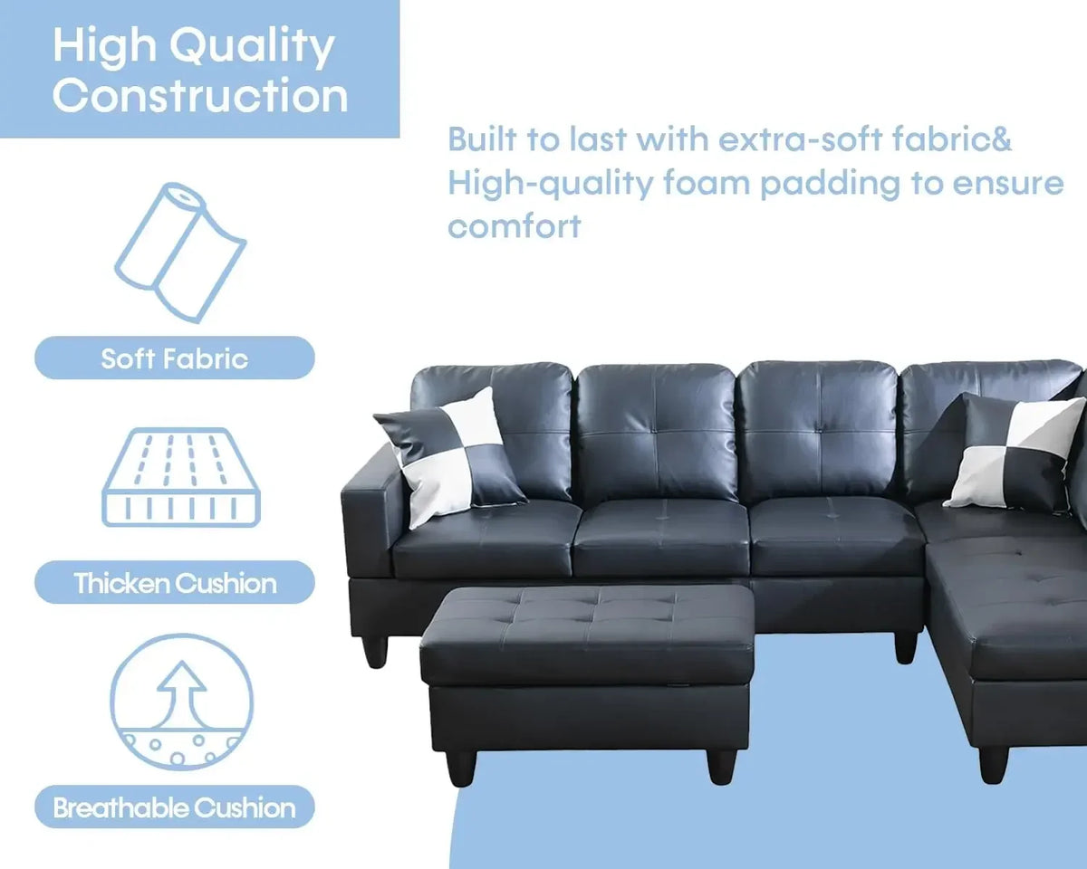 Sectional Couch for Living Room Furniture Sets,Black Leather Sectional Sofa L Shape Couch