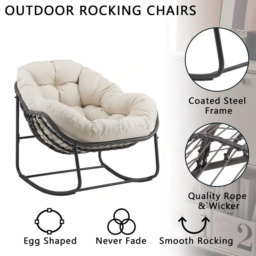 Rocking Chair With Padded Cushion Indoor Outdoor Comfy Papasan Rocker Chair With Upgraded Steel Frame Oversized Rattan EggShaped