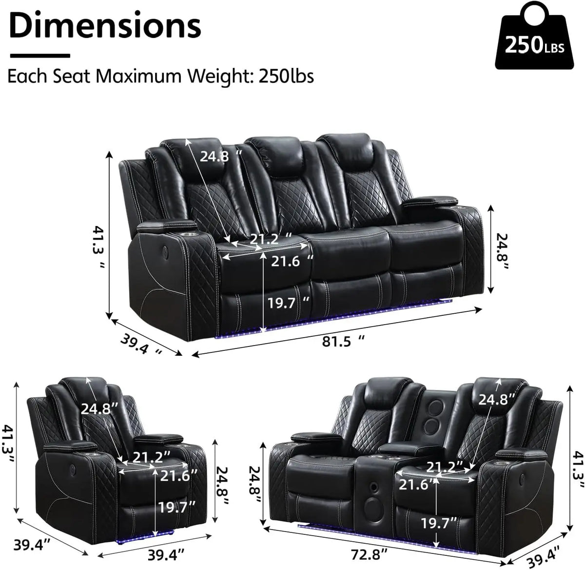 Power Recliner Sofa Sectional Sofa with LED Light for Living Room, Air Leather Reclining Corner Sectional Sofa Set