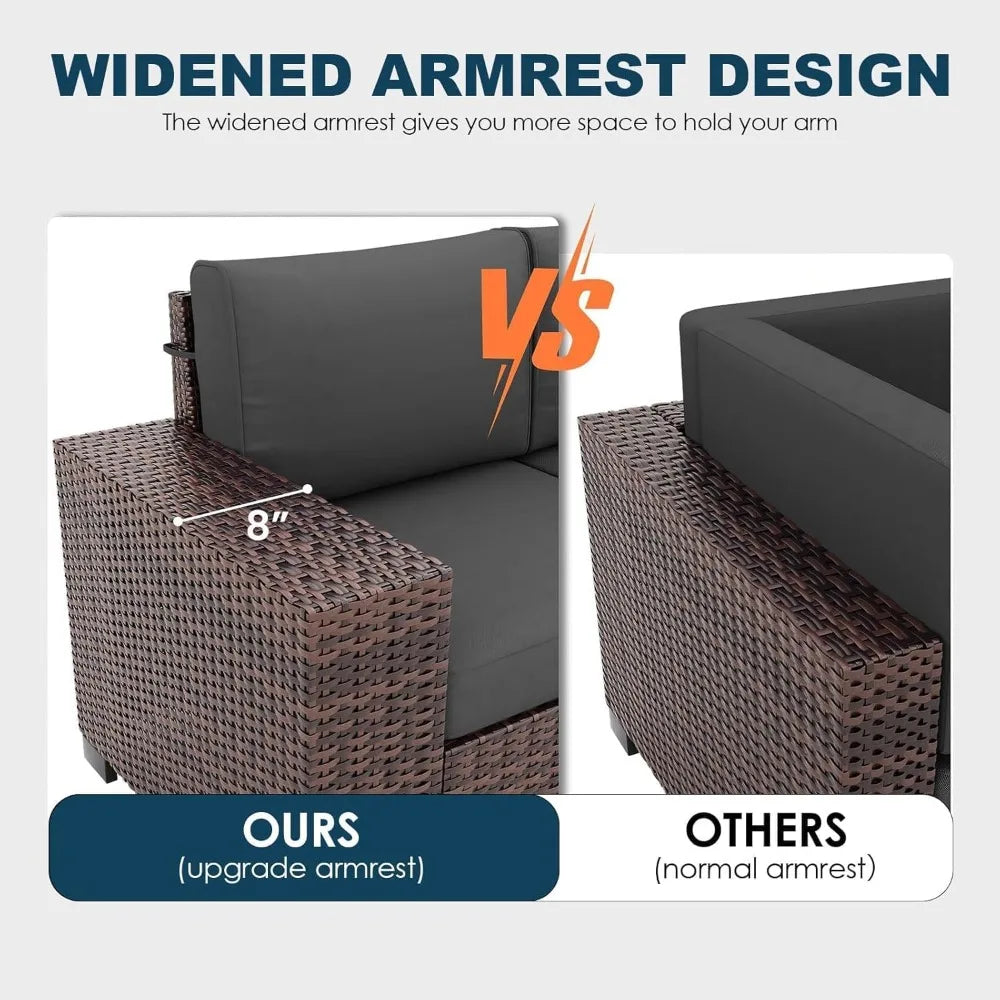 5-piece brown wicker outdoor patio furniture set with fire pit table and sectional sofa for deck and garden conversation area