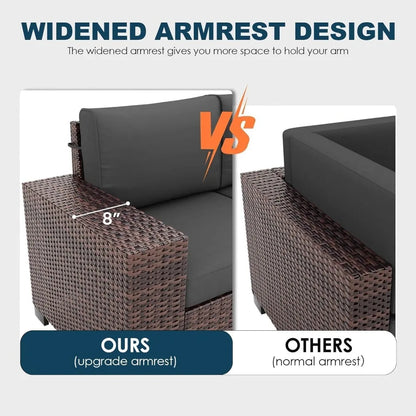 5-piece brown wicker outdoor patio furniture set with fire pit table and sectional sofa for deck and garden conversation area