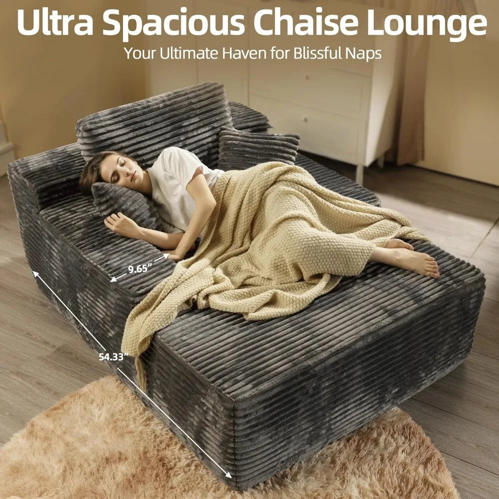 68'' chaise lounge chair indoor, gray corduroy boneless couch,reading cloud couches for bedroom living room fluffy oversized sof