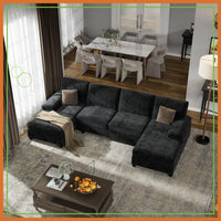 U-Shaped Modular Sectional Sofa, 4-Seat Convertible Couch with Double Chaise for Living Room, Black
