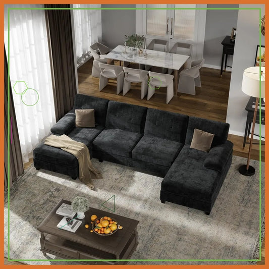 U-Shaped Modular Sectional Sofa, 4-Seat Convertible Couch with Double Chaise for Living Room, Black