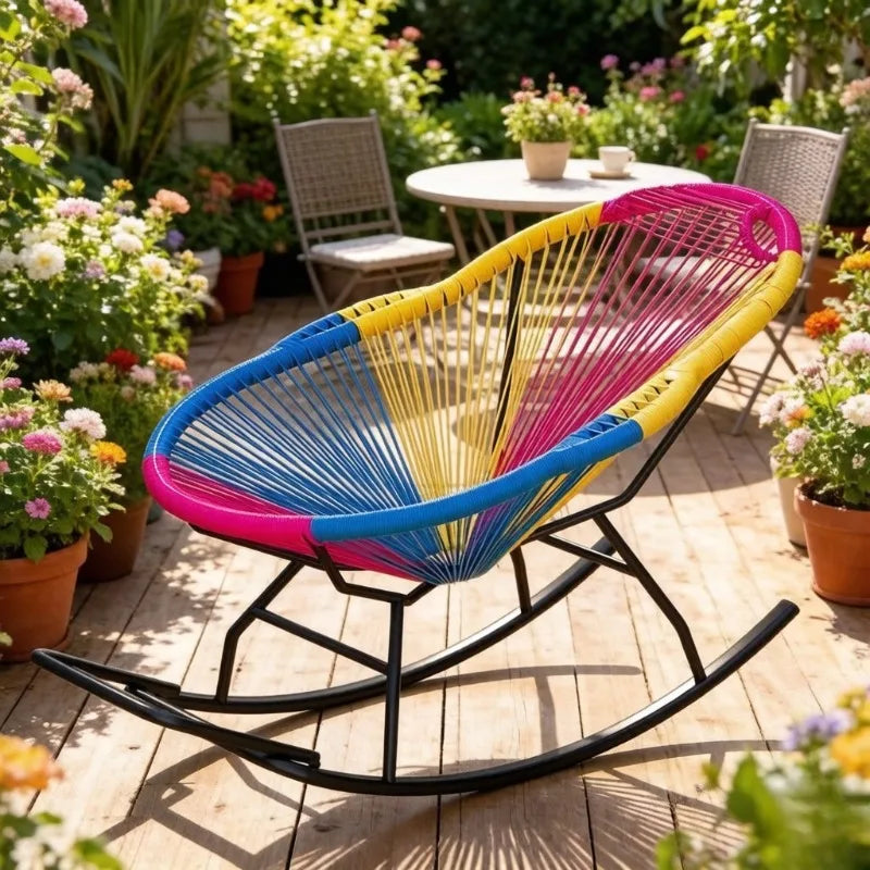 Outdoor Courtyard Rainbow Rattan Rocking Chair, Thickened Leisure Nap Recliner for Balcony