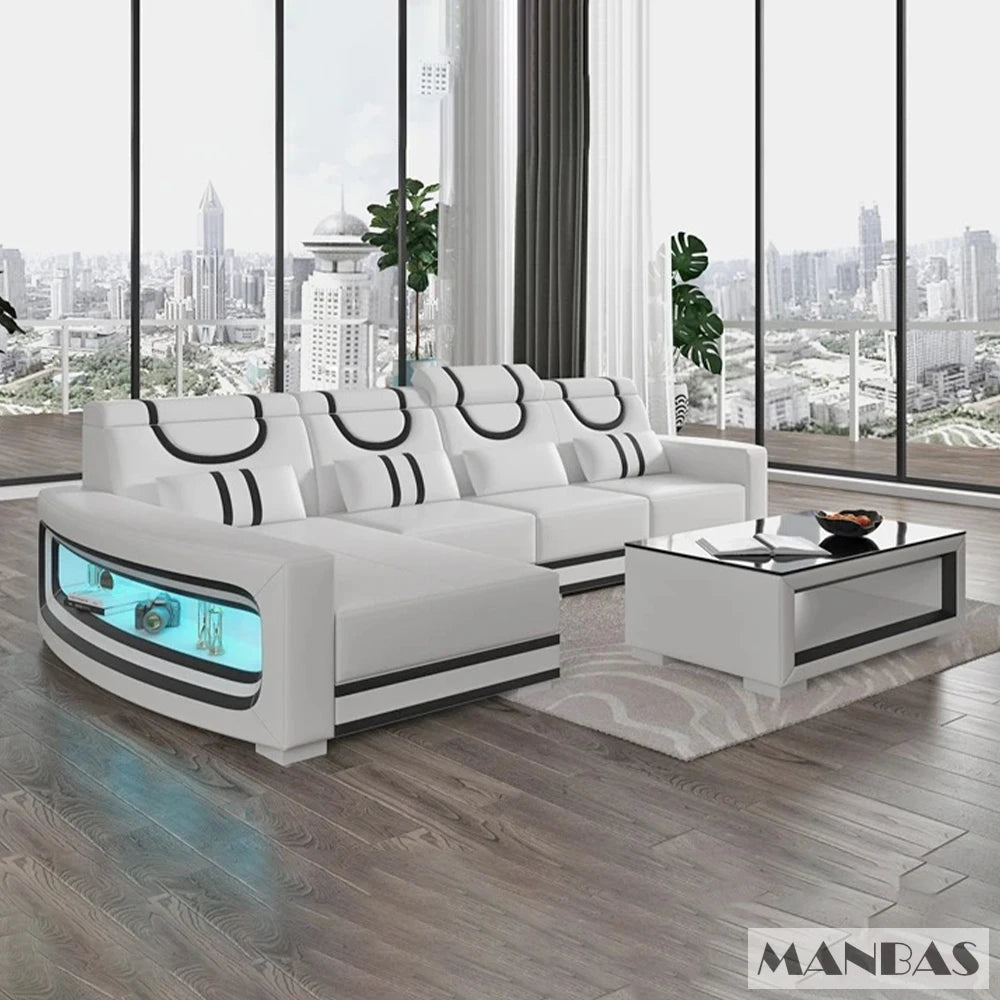 Upgrade Your Living Room with MANBAS Italian Genuine Leather Sofa - 2 Colors Combination, LED Light & Soft Cushions
