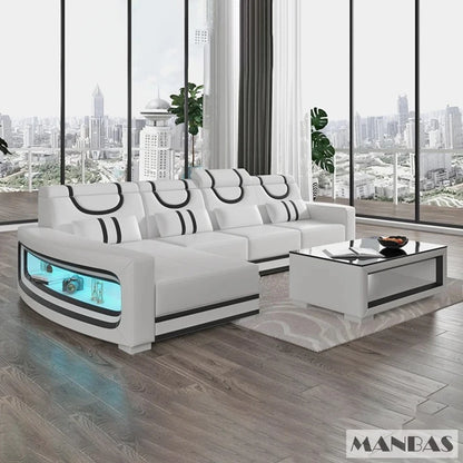 Upgrade Your Living Room with MANBAS Italian Genuine Leather Sofa - 2 Colors Combination, LED Light & Soft Cushions