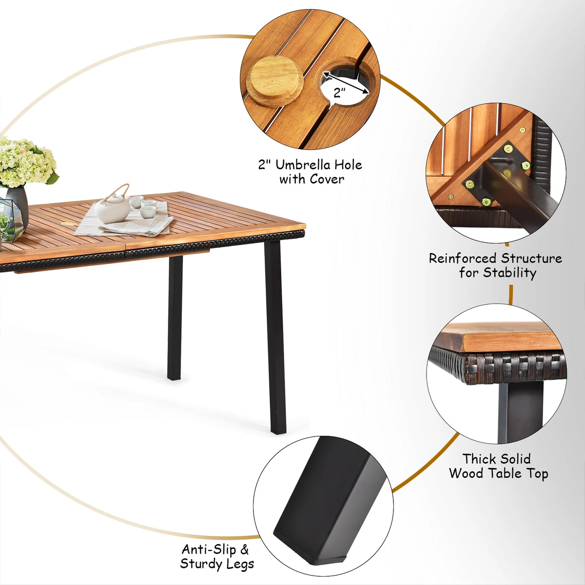 6 PCS Patio Rattan Dining Set Acacia Wood Table Stackable Chair Bench