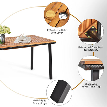 6 PCS Patio Rattan Dining Set Acacia Wood Table Stackable Chair Bench