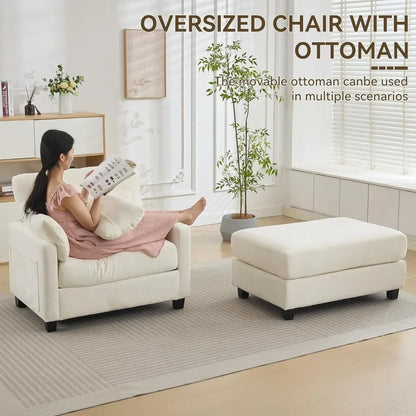 White Chenille Oversized Chaise Lounge with Ottoman 57.5 Inch Reading Chair Comfortable Sofa Bed for Indoor Furniture