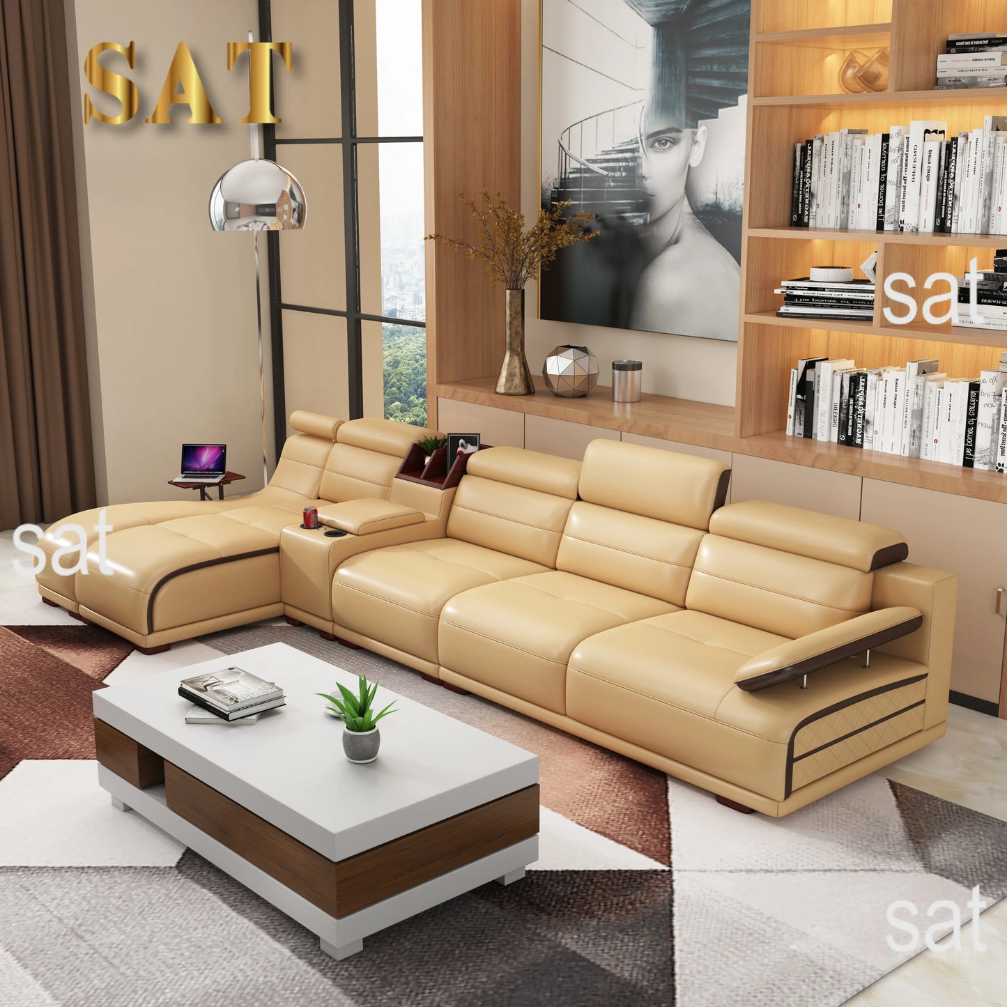 -Modern Living Home Furniture With Bluetooth Speaker L Shape Leather Sofa High Quality Living Room Sofa Combination