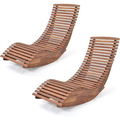 outdoor acacia wood rocking chair set of 2, porch rocker with widened slatted seat and high back, wooden rocking patio chair, o