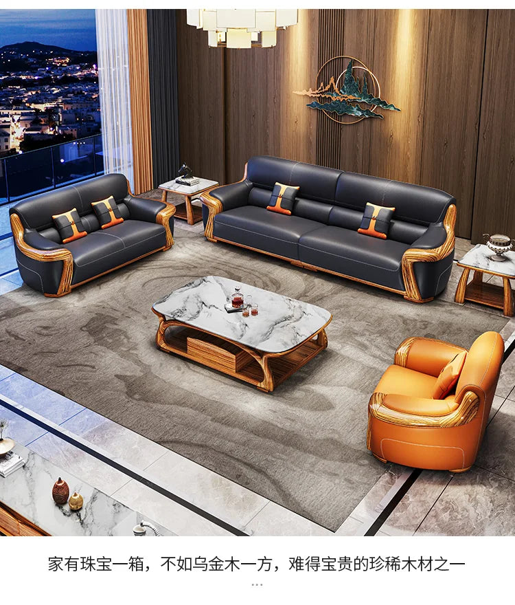 XMH new Chinese ebony leather sofa modern living room luxury villa first layer cowhide new combination sofa