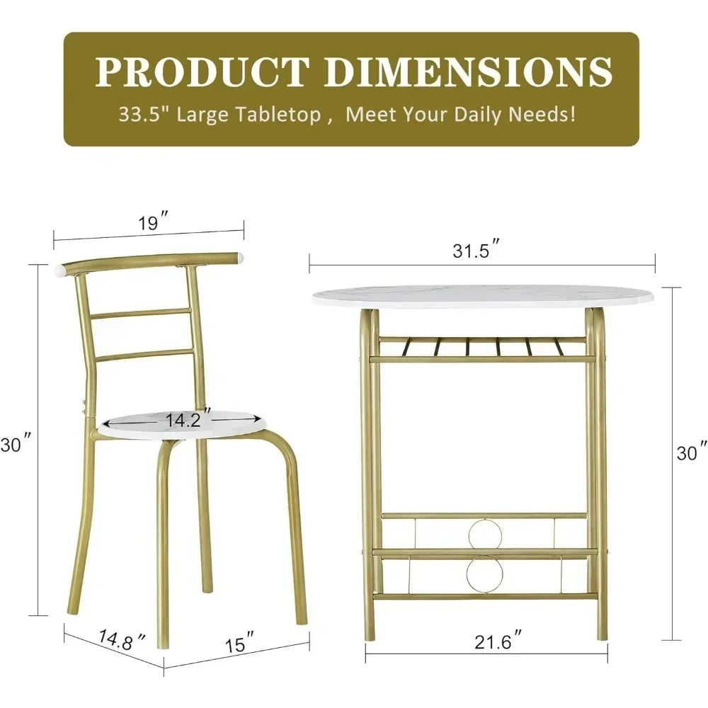 v 3 Piece Small Round Dining Table Set for Kitchen Breakfast Nook, Wood Grain Tabletop with Wine Storage Rack, Save Space, 31.