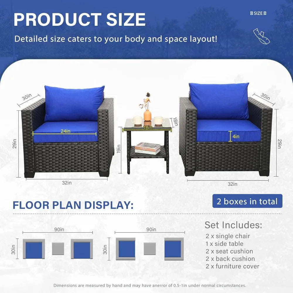 Wicker 3-Piece Patio Furniture Set with Conversation Chairs and Glass Side Table for Outdoor Balcony Use