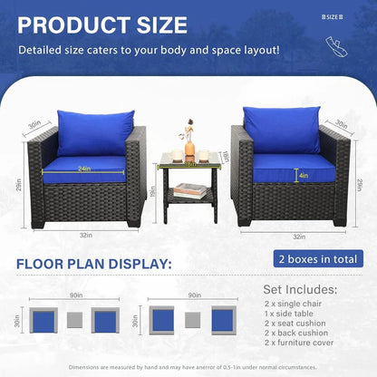 Wicker 3-Piece Patio Furniture Set with Conversation Chairs and Glass Side Table for Outdoor Balcony Use