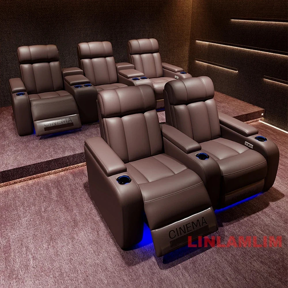 Linlimlam Luxury Genuine Leather Electric Recliners Cinema Chairs with Cup Holder, LED Light – Home Theater Power Reclining Sofa