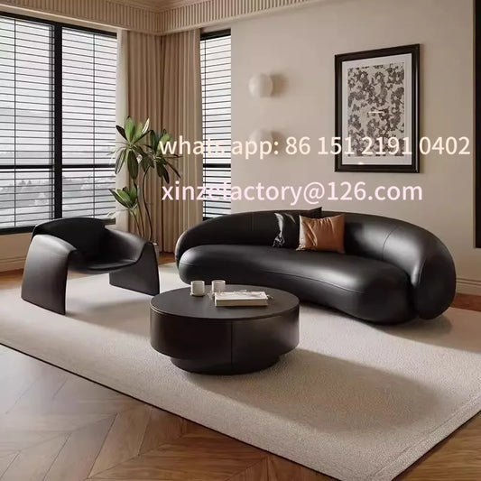 Customizable black leather curved sofa small apartment