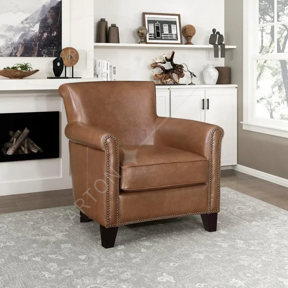 Exclusive Genuine Leather Accent Chairs for Living Room with Solid Wood Frame，Comfy Reading Chair