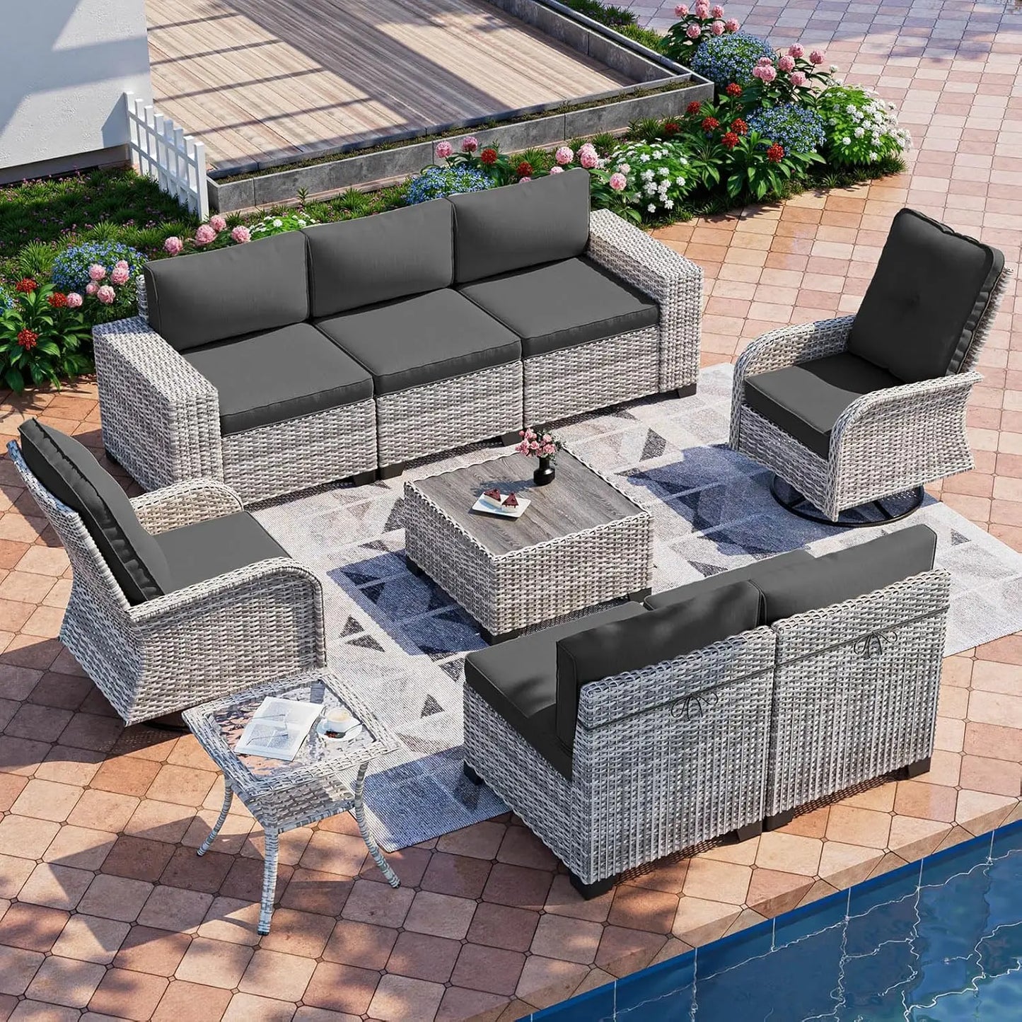 9-Piece Outdoor Patio Furniture Set with Rocking Swivel Chair Wicker Sectional Sofa Set, Patio Conversation Set, Customized