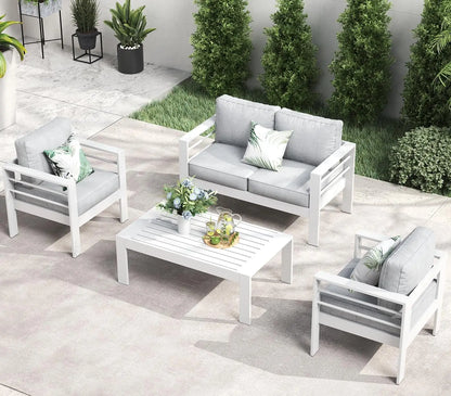 Aluminum Furniture Set with Fire Pit Table, 5 Pieces Patio Sectional Conversation Chat Sofa Modern Seating Set