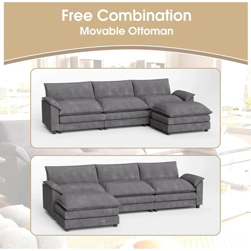 Sectional Sofa with Ottoman, Chenille Fabric, Convertible 3-Seater Couch for Living Room (Gray, L-Shape) | Breathable Material